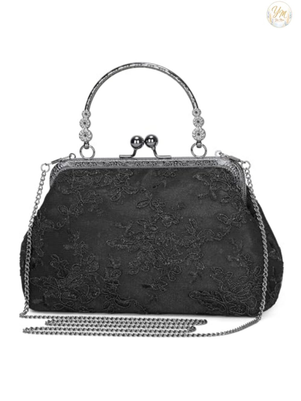 Vintage Lace Floral Clutch Purse with Detachable Chain Metal Handle